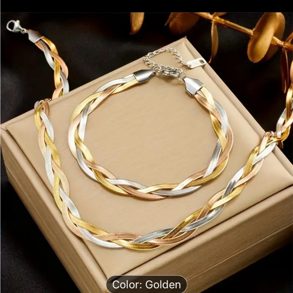 Elegant Gold, Silver & Bronze Braided Necklace and Bracelet Set